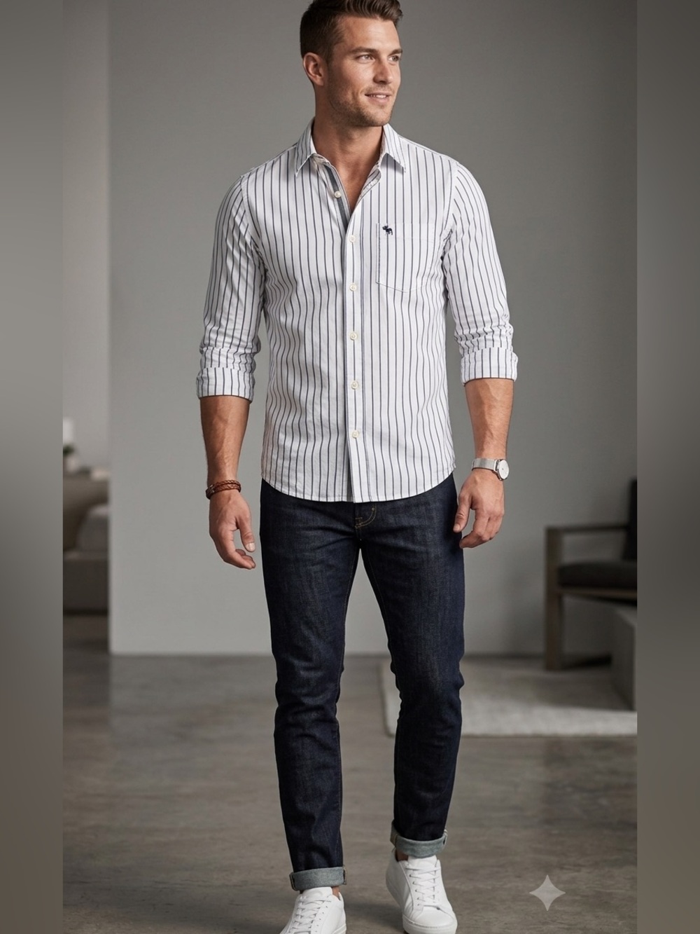 Abercrombie & Fitch Muscle 100% Cotton White Shirt with Navy Stripes Size L